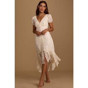 Lulus Gala in the Garden Jacquard Hi Low Midi Dress Size Medium Cream Ivory